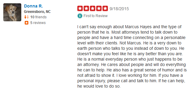 Review for Greensboro Personal Injury Lawyer Marcus Hayes